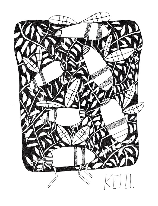 Drawing of bees by Kelli Foret. Drawing of bees by Kelli Foret.